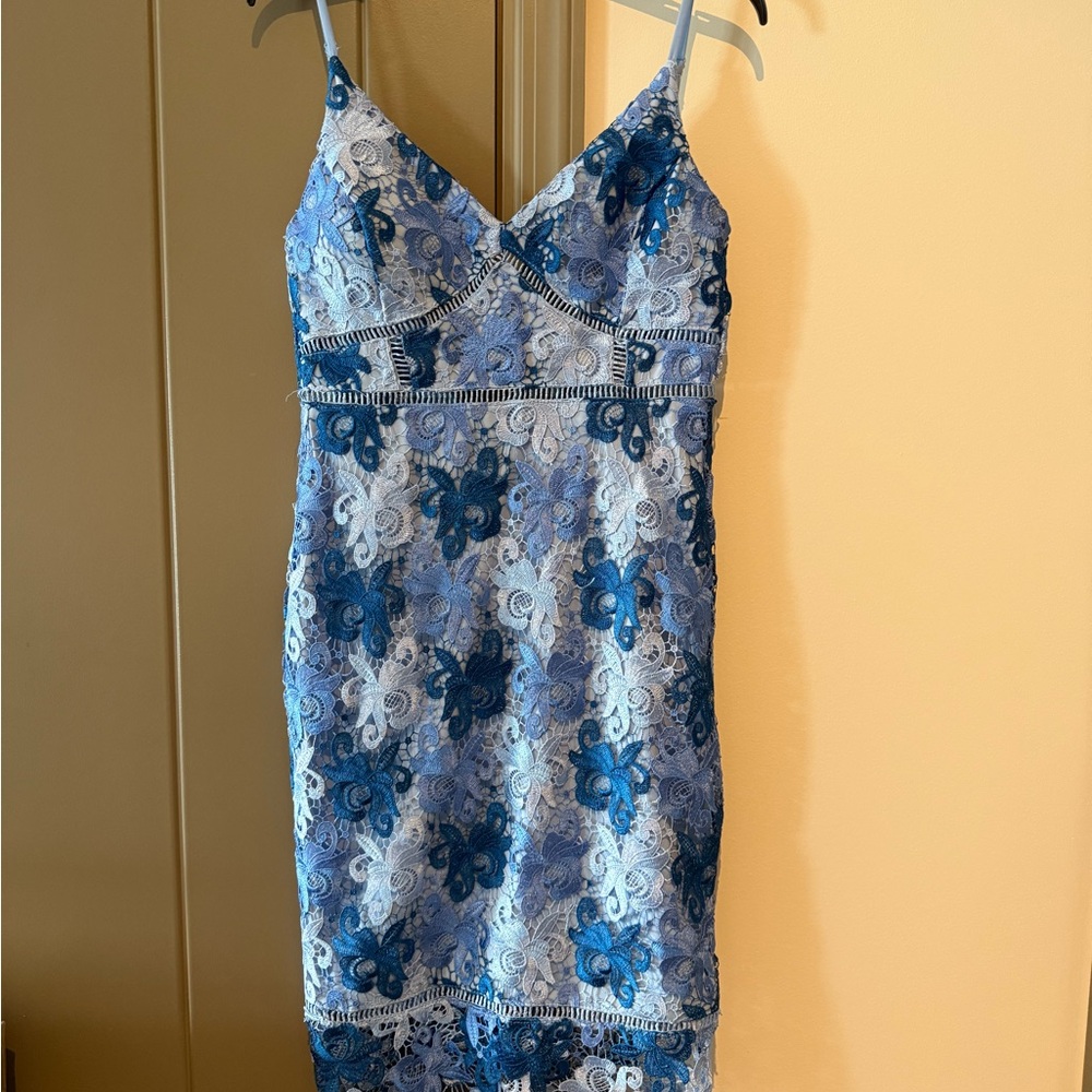 Lulu's Blue and White Lace Midi Dress